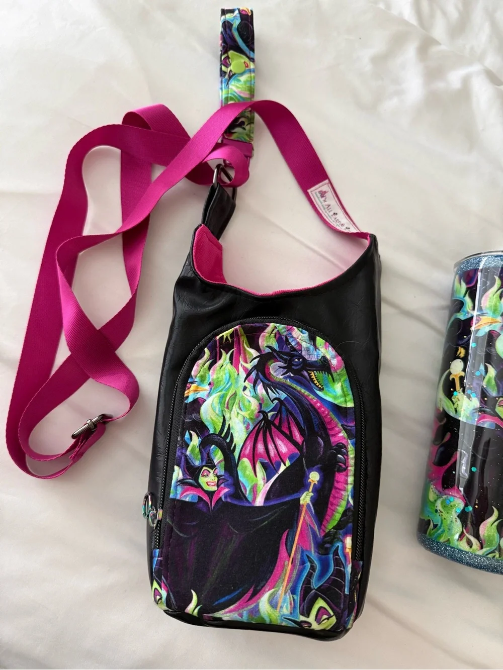 Disney Maleficent Neon Dragon Crossbody Water Bottle Bag and Ear Headband Set